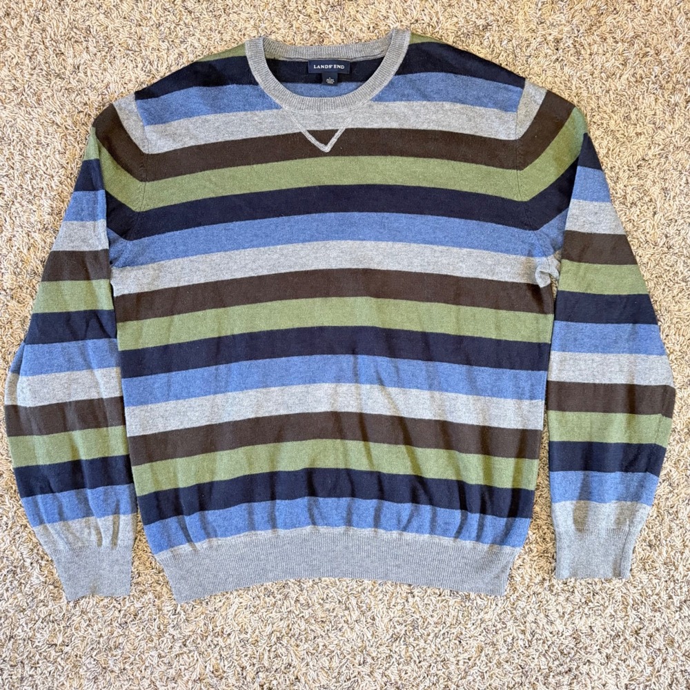 Lands End Men L Striped Cotton Cashmere Crewneck Sweater Blue Green Brown 315371